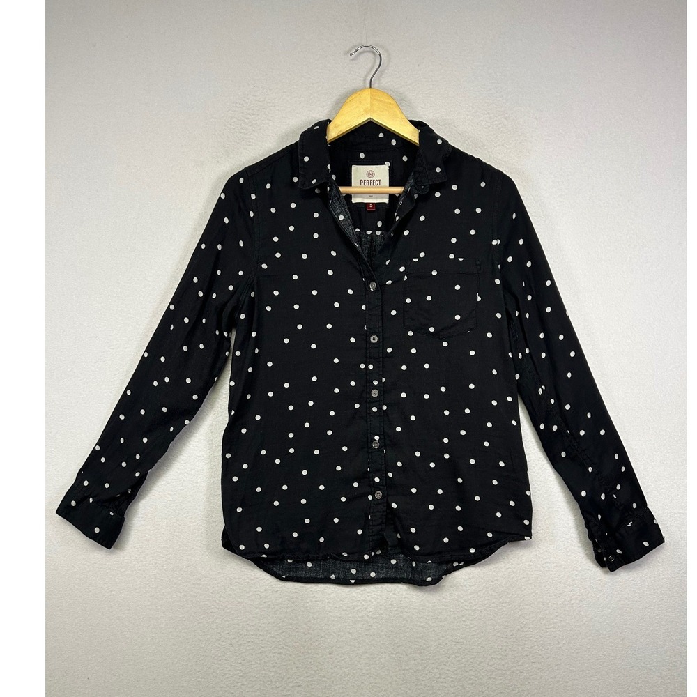 Retro Rockabilly SO Women Medium Black White Polka Dot‎ Button Up Perfect Shirt